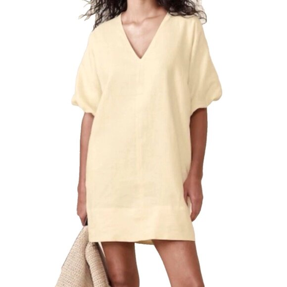 Banana Republic Livia Linen Mini Dress Small S PETITE Butter Yellow NEW - Picture 1 of 9